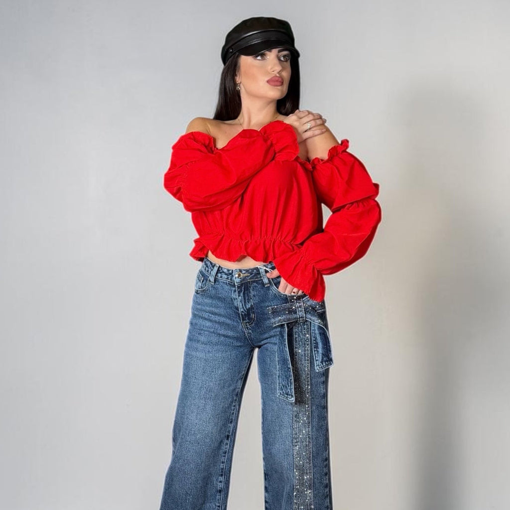 Blugi „Crystal Strap” – Blue Denim