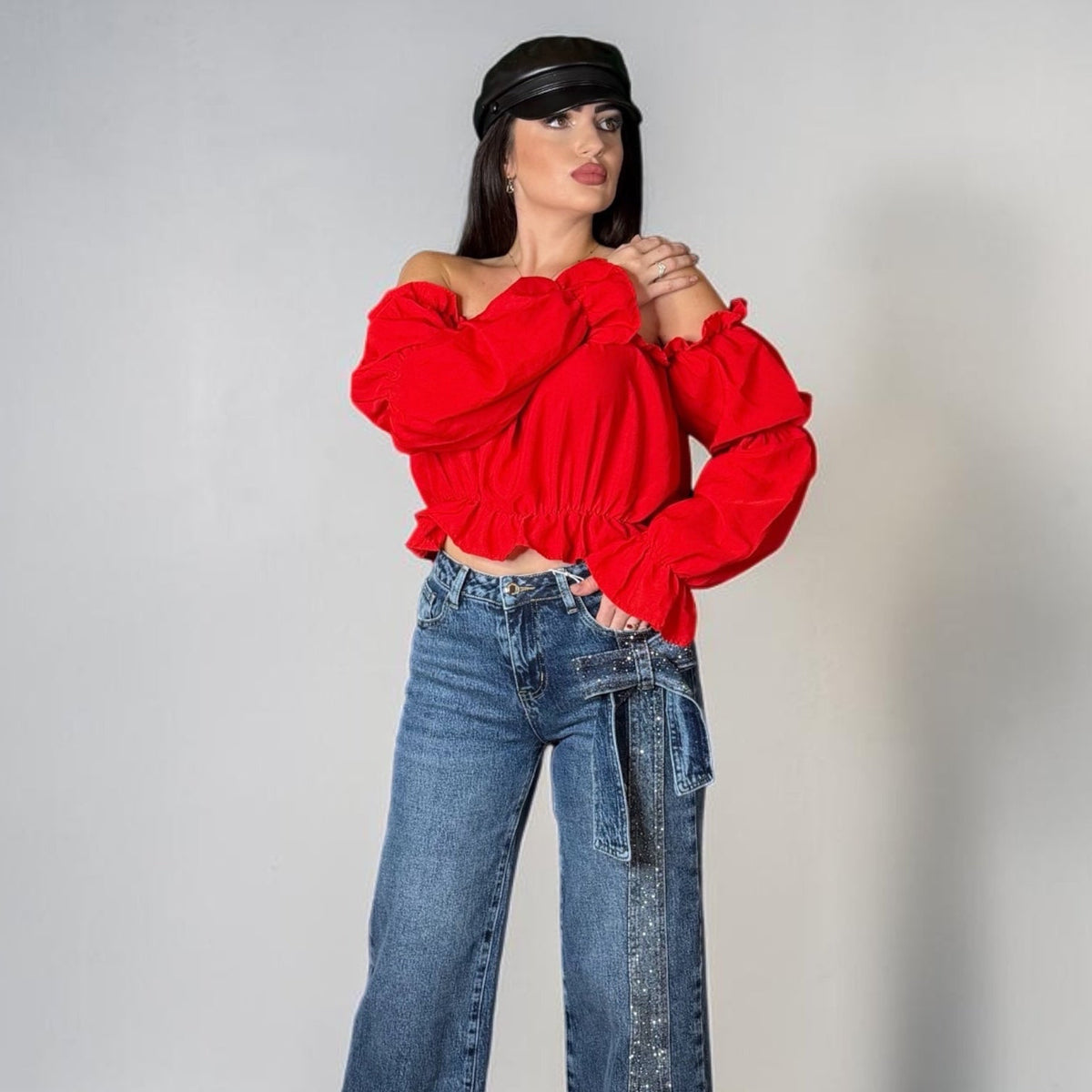 Blugi „Crystal Strap” – Blue Denim