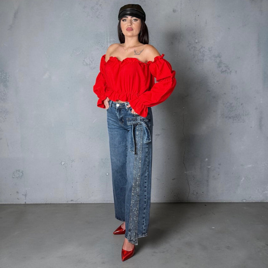 Blugi „Crystal Strap” – Blue Denim