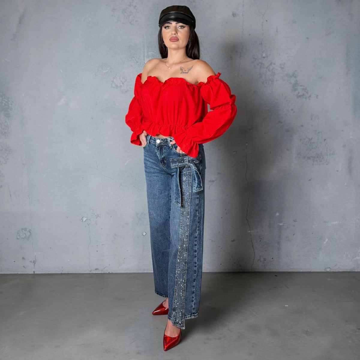 Blugi „Crystal Strap” – Blue Denim